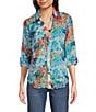 Color:Blue Floral - Image 1 - Petite Size Woven Floral Point Collar Long Roll-Tab Sleeve Button-Front Shirt