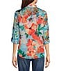 Color:Blue Floral - Image 2 - Petite Size Woven Floral Point Collar Long Roll-Tab Sleeve Button-Front Shirt