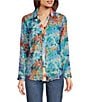 Color:Blue Floral - Image 3 - Petite Size Woven Floral Point Collar Long Roll-Tab Sleeve Button-Front Shirt