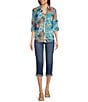 Color:Blue Floral - Image 4 - Petite Size Woven Floral Point Collar Long Roll-Tab Sleeve Button-Front Shirt