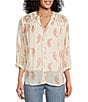 Color:Ivory/Pink - Image 1 - Tayler Floral Print Woven Lace Embroidered Yoke 3/4 Blouson Sleeve Button-Front Blouse