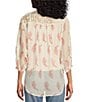 Color:Ivory/Pink - Image 2 - Tayler Floral Print Woven Lace Embroidered Yoke 3/4 Blouson Sleeve Button-Front Blouse