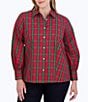 Color:Red Tartan - Image 1 - Plus Size Joyce Woven Tartan Plaid Print Wing Collar Balloon Sleeve Button Front Shirt