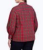 Color:Red Tartan - Image 2 - Plus Size Joyce Woven Tartan Plaid Print Wing Collar Balloon Sleeve Button Front Shirt