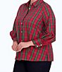 Color:Red Tartan - Image 3 - Plus Size Joyce Woven Tartan Plaid Print Wing Collar Balloon Sleeve Button Front Shirt