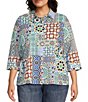 Color:Multi - Image 1 - Plus Size Kelly Woven Patchwork Print Point Collar 3/4 Sleeve High-Low Hem Button-Front Shirt