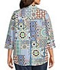 Color:Multi - Image 2 - Plus Size Kelly Woven Patchwork Print Point Collar 3/4 Sleeve High-Low Hem Button-Front Shirt