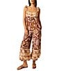 Color:Coffee Combo - Image 1 - Bali Floral Print Square Neck Sleeveless Cuffed Hem Jumpsuit