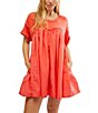 Color:Radiant Watermelon - Image 1 - Catalina Crew Neck Short Sleeve Pleated Mini Dress
