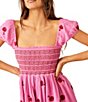 Color:Island Flower - Image 5 - Tory Embroidered Square Neck Smocked Bodice Puff Sleeve Mini Dress