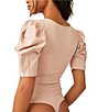 Color:Sweet Nothings - Image 3 - Va Va Voop Knit Deep V-Neck Short Ruched Puffed Sleeve Bodysuit
