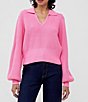 Color:Aurora Pink - Image 1 - Mozart Point Collared V-Neck Long Balloon Sleeve Relaxed Sweater