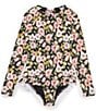 Color:Black - Image 1 - Big Girls 7-16 Floral Long Sleeve Ruffle One-Piece Swimsuit