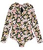 Color:Black - Image 2 - Big Girls 7-16 Floral Long Sleeve Ruffle One-Piece Swimsuit