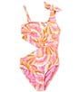 Color:Turmeric - Image 1 - Big Girls 7-16 One Shoulder Printed Cut Out One-Piece Swimsuit
