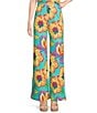 Color:Aqua Multi - Image 1 - Coordinating Floral High Waist Linen Blend Wide Leg Pants