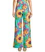 Color:Aqua Multi - Image 2 - Coordinating Floral High Waist Linen Blend Wide Leg Pants