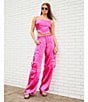 Color:Pink - Image 5 - High Rise Coordinating Satin Cargo Pants