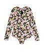 Color:Black Floral - Image 2 - Little Girls 2T-6X Floral Long Sleeve Ruffle One-Piece Swimsuit
