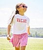 Color:Strawberry/White - Image 3 - Little Girls 2T-6X Short Sleeve Boxy Vacay Graphic Cropped T-Shirt