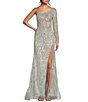Color:Silver - Image 1 - One Shoulder Sequin Jewel Corset Gown