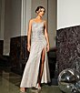 Color:Platinum - Image 1 - Sleeveless Scoop Neck Illusion Back Slit Hem Beaded Glitter Long Dress