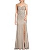 Color:Platinum - Image 2 - Sleeveless Scoop Neck Illusion Back Slit Hem Beaded Glitter Long Dress