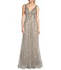 Color:Silver Nude - Image 1 - Social Beaded Deep V-Neck Beaded Tulle Gown