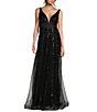 Color:Black - Image 1 - Social Beaded Deep V-Neck Beaded Tulle Gown