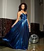 Color:Royal Blue - Image 5 - Social Pleated Metallic Split Neck Long Dress