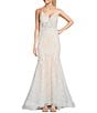 Color:Ivory/Nude - Image 1 - V-Neck Lace-Up Back Embroidered Lace Mermaid Gown