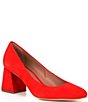 Color:Tangelo Red - Image 1 - Catallo Suede Square Toe Low Block Heel Pumps