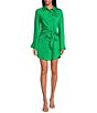 Color:Kelly Green - Image 1 - Mina Pebble Crepe Button Front Collar Long Sleeve Tie Waist Shirt Dress