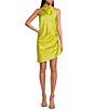 Color:Chartreuse - Image 1 - Peyton Ruched Satin Cowl Halter Neck Sleeveless Open Back Detail Mini Sheath Dress