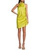 Color:Chartreuse - Image 3 - Peyton Ruched Satin Cowl Halter Neck Sleeveless Open Back Detail Mini Sheath Dress