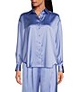 Color:Chambray - Image 1 - Skylar Point Collar Button Front Long Sleeve Satin Blouse