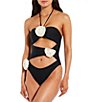 Color:Black - Image 1 - Solid Rosette Asymmetrical Ruched Cut-Out One Piece Swimsuit