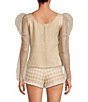 Color:Khaki - Image 2 - x Jess Southern Phayre Scoop Neck Organza Long Puff Sleeve Blouse