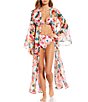 Color:Multi - Image 1 - Floral Print Open Front Kimono Swimsuit Cover Up