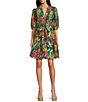 Color:Tropical - Image 1 - Floral Printed Eyelet Split Round Neck Elbow Puff Sleeve Button Down Belted Scallop Hem Pocketed A-Line Dress