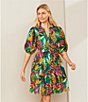 Color:Tropical - Image 3 - Floral Printed Eyelet Split Round Neck Elbow Puff Sleeve Button Down Belted Scallop Hem Pocketed A-Line Dress