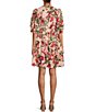 Color:Lipstick Pink - Image 2 - Floral Printed Eyelet Split Round Neck Elbow Puff Sleeve Button Down Belted Scallop Hem Pocketed A-Line Dress
