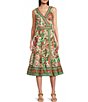 Color:Khaki/Multi - Image 1 - Floral Printed Sleeveless V Neck Self Tie Wrap Midi Dress