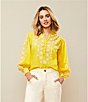 Color:Sunlight - Image 5 - Long Sleeve Ruffle Mock Neck Button Front Embroidered Woven Top