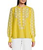 Color:Sunlight - Image 1 - Long Sleeve Ruffle Mock Neck Button Front Embroidered Woven Top