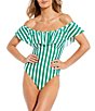 Color:Green - Image 1 - Off Shore Striped Ruffle Off-the-Shoulder One Piece Swimsuit