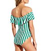 Color:Green - Image 2 - Off Shore Striped Ruffle Off-the-Shoulder One Piece Swimsuit