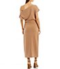 Color:Nugget - Image 2 - Asymmetric One Shoulder Off-the-Shoulder Short Sleeve Ruched Midi Knit Dress