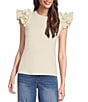 Color:Ivory - Image 1 - Ribbed Knit Crew Neck Contrasting Poplin Ruffled Short Sleeve Top
