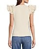 Color:Ivory - Image 2 - Ribbed Knit Crew Neck Contrasting Poplin Ruffled Short Sleeve Top